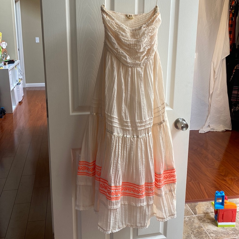 Free people strapless elastic dress- cream with pink/orange embroidery. Size XS